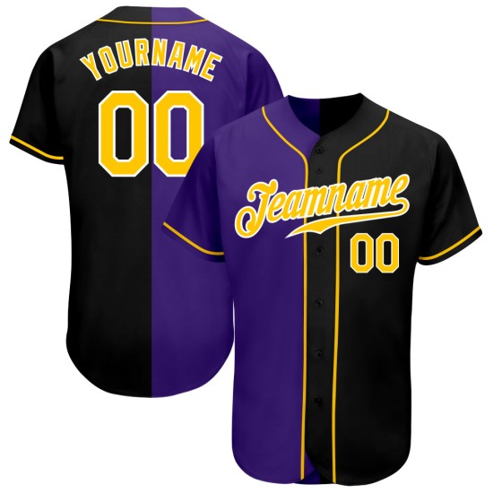 Maillot de baseball personnalisé noir, authentique et tendance, couleur or et violet Maillot de baseball personnalisé noir, authentique et tendance, couleur or et violet