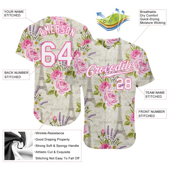 Maillot de baseball 3D motif Tour Eiffel blanc floral blanc-rose authentique, design personnalisé Maillot de baseball 3D motif Tour Eiffel blanc floral blanc-rose authentique, design personnalisé