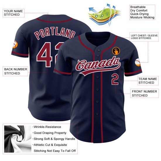 Maillot de baseball personnalisé authentique, bleu marine, blanc cramoisi Maillot de baseball personnalisé authentique, bleu marine, blanc cramoisi