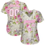 Maillot de baseball 3D motif Tour Eiffel blanc floral blanc-rose authentique, design personnalisé Maillot de baseball 3D motif Tour Eiffel blanc floral blanc-rose authentique, design personnalisé