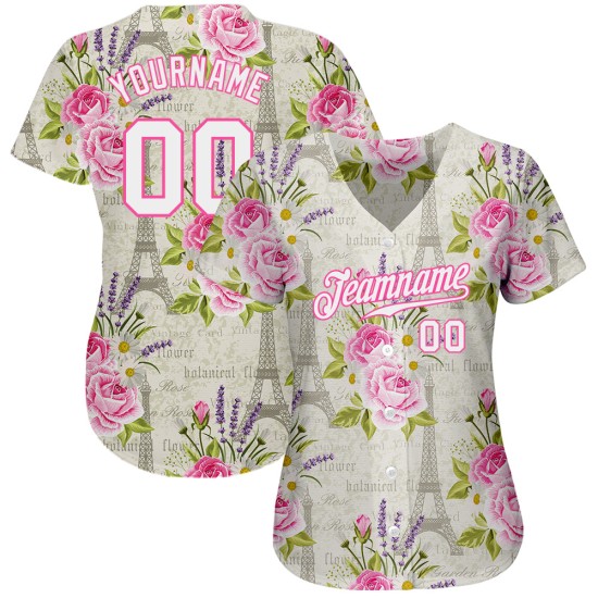 Maillot de baseball 3D motif Tour Eiffel blanc floral blanc-rose authentique, design personnalisé Maillot de baseball 3D motif Tour Eiffel blanc floral blanc-rose authentique, design personnalisé