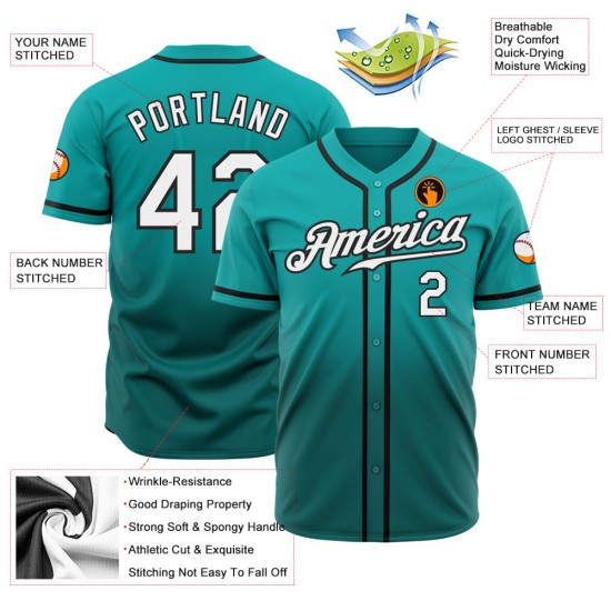 Maillot de baseball authentique et personnalisé, couleur Aqua Fade, blanc et bleu sarcelle Maillot de baseball authentique et personnalisé, couleur Aqua Fade, blanc et bleu sarcelle