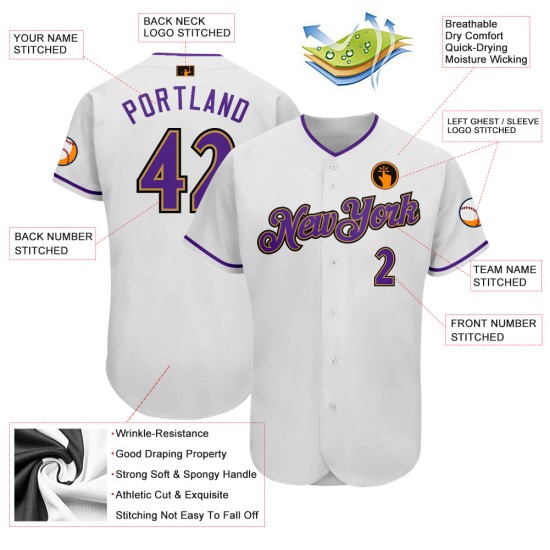Maillot de baseball doré authentique, blanc, personnalisé, violet, ancien Maillot de baseball doré authentique, blanc, personnalisé, violet, ancien