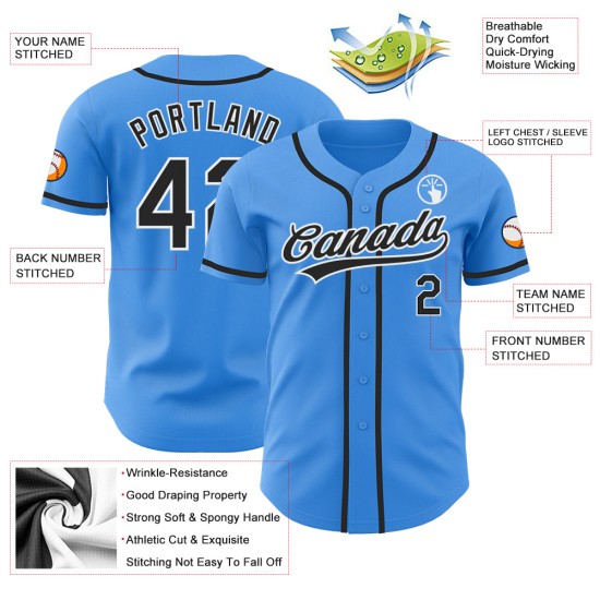 Maillot de baseball électrique personnalisé noir-blanc bleu authentique Maillot de baseball électrique personnalisé noir-blanc bleu authentique
