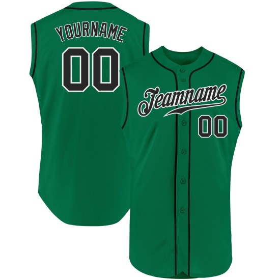 Maillot de baseball authentique noir et blanc Kelly personnalisé sans manches vert Maillot de baseball authentique noir et blanc Kelly personnalisé sans manches vert