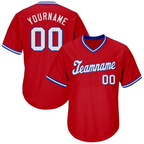 Maillot de baseball personnalisé en tricot côtelé rouge, blanc et bleu roi, authentique et rétro Maillot de baseball personnalisé en tricot côtelé rouge, blanc et bleu roi, authentique et rétro