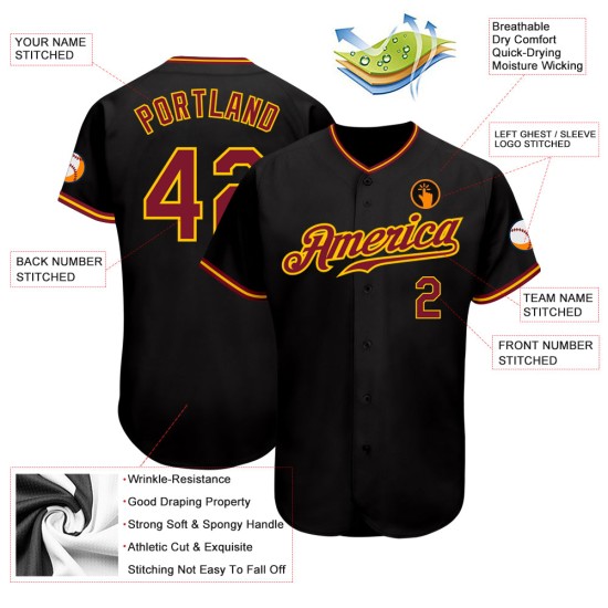 Maillot de baseball authentique Crimson-Gold noir personnalisé Maillot de baseball authentique Crimson-Gold noir personnalisé