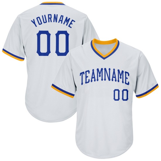 Maillot de baseball authentique et personnalisé, blanc, royal et doré, en jersey côtelé Maillot de baseball authentique et personnalisé, blanc, royal et doré, en jersey côtelé