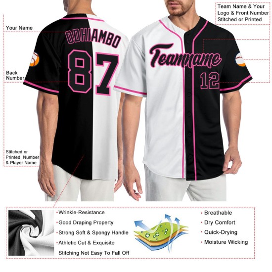 Maillot de baseball personnalisé noir et rose, authentique et tendance, blanc fendu Maillot de baseball personnalisé noir et rose, authentique et tendance, blanc fendu