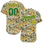 Maillot de baseball 3D personnalisé à motif blanc authentique Kelly vert-or avec fleurs Maillot de baseball 3D personnalisé à motif blanc authentique Kelly vert-or avec fleurs