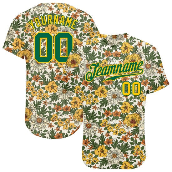 Maillot de baseball 3D personnalisé à motif blanc authentique Kelly vert-or avec fleurs Maillot de baseball 3D personnalisé à motif blanc authentique Kelly vert-or avec fleurs